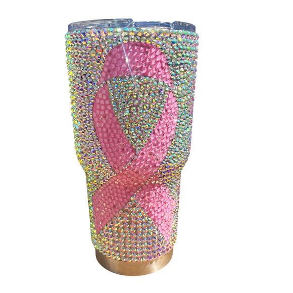 Custom Rhinestone Bling 30 oz Tumbler Cancer Awareness Pink Ribbon Silver - Picture 3 of 6